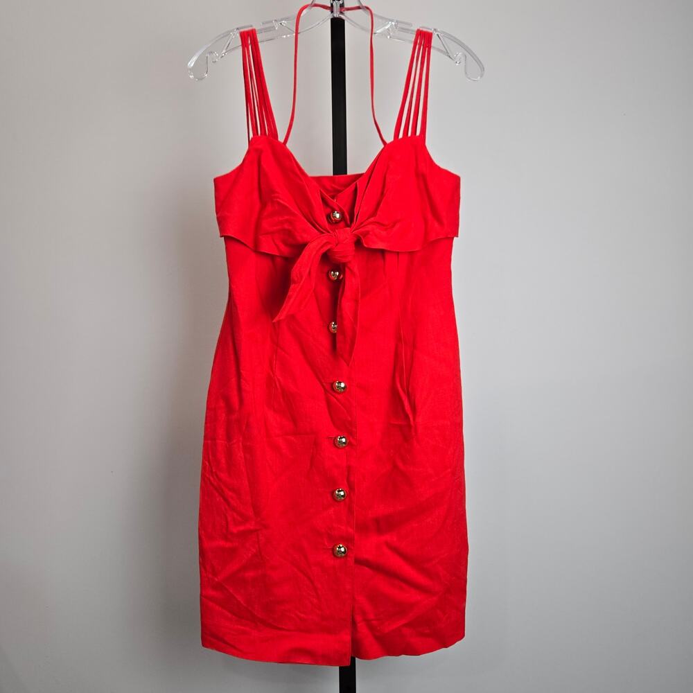 Vintage Geary Roark Kamisato Dress Linen Blend Pin Up Red Button Tie Front USA 4